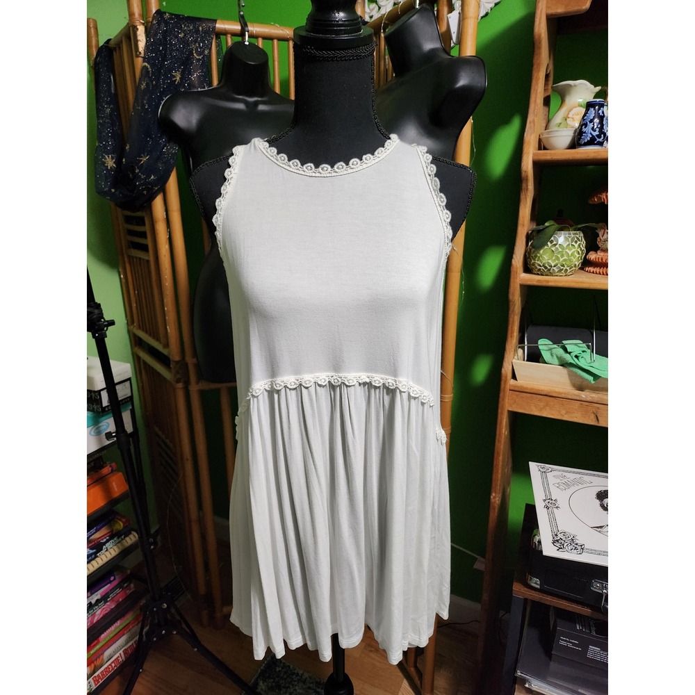 POLWhite Babydoll Tank Top Crochet Lace Trim Racerback Zipper L